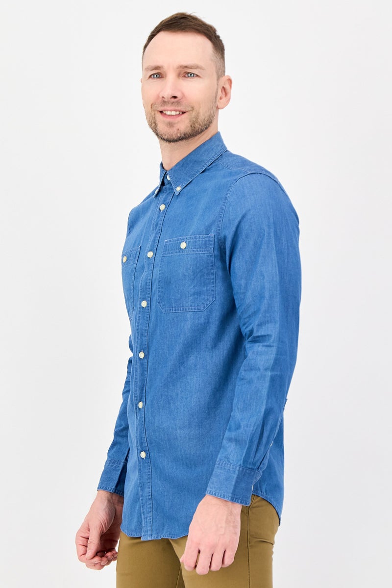 Chaps Men Regular Fit Washed Long Sleeves Casual Shirt, Blue - Image 3